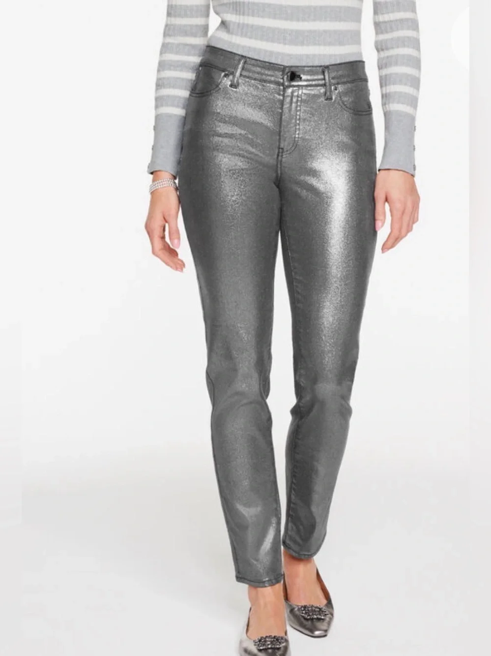 UEC TALBOTS SLIM ANKLE JEANS PEWTER FOIL DARK SILVER METALLIC STRETCH SZ 2P